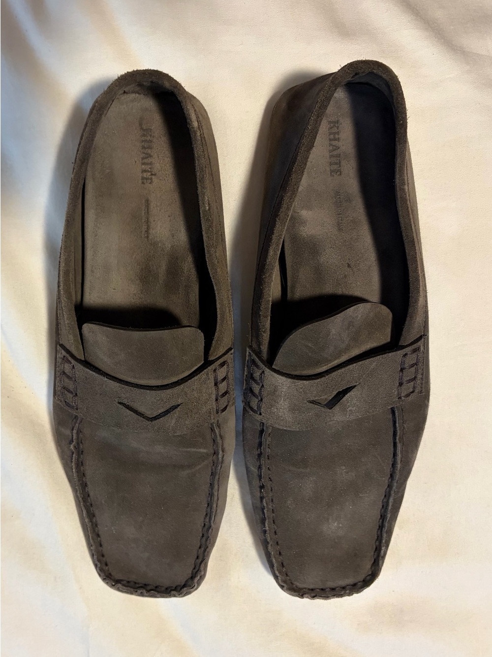 KHAITE Dark Gray Suede Penny Loafers
